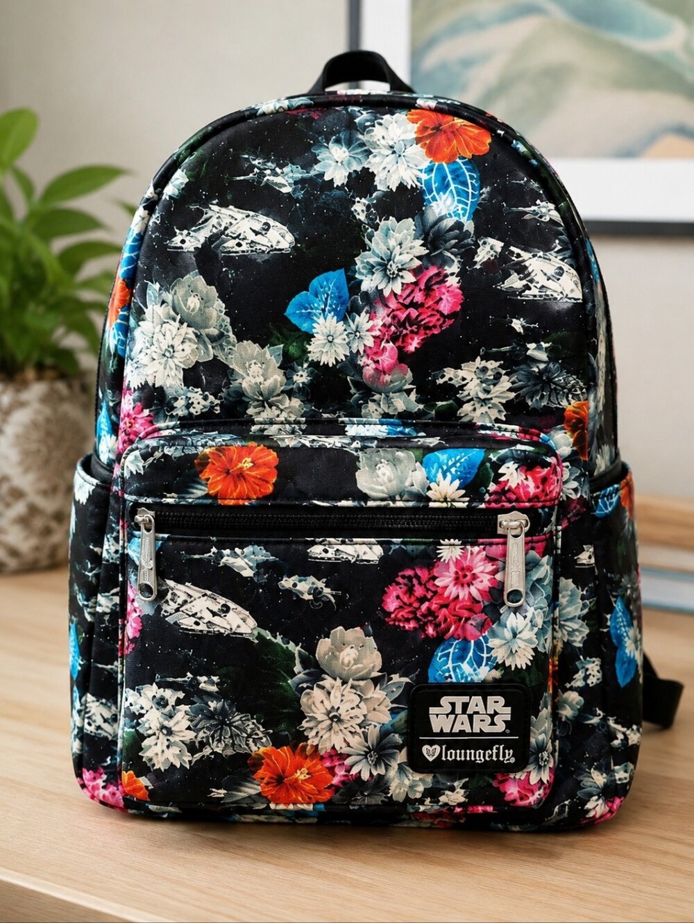 Star Wars Loungefly Floral Full Size Backpack Millennium Falcon X-Wing Disney - Picture 7 of 7